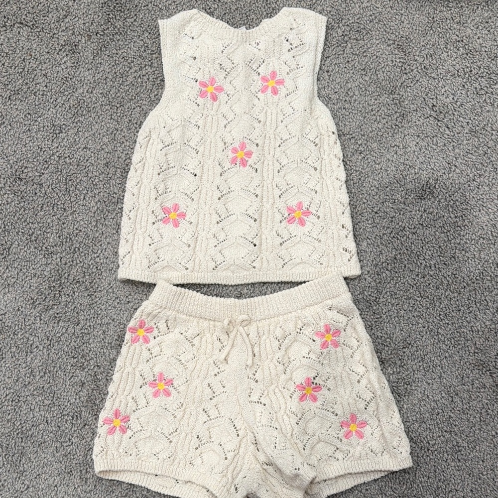 Cream Crochet Tank & Shorts Set with Pink Floral Embroidery